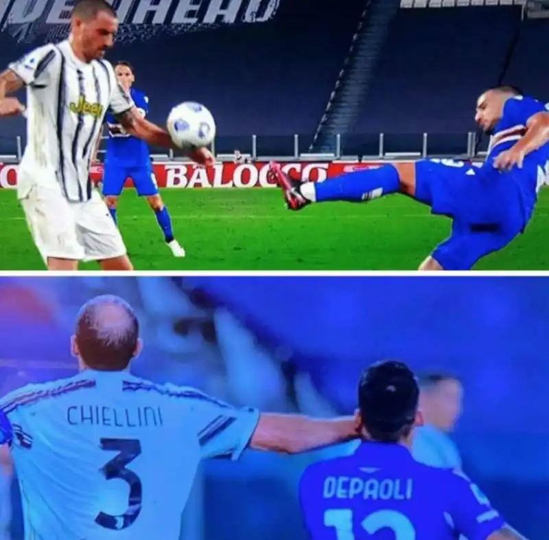 IL TOCCO DI MANO DI BONUCCI E LA GOMITATA DI CHIELLINI NON SANZIONATI IN JUVENTUS SAMPDORIA