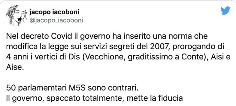 IL TWEET DI IACOBONI SULLA NORMA CHE MODIFICA LA LEGGE SUI SERVIZI SEGRETI