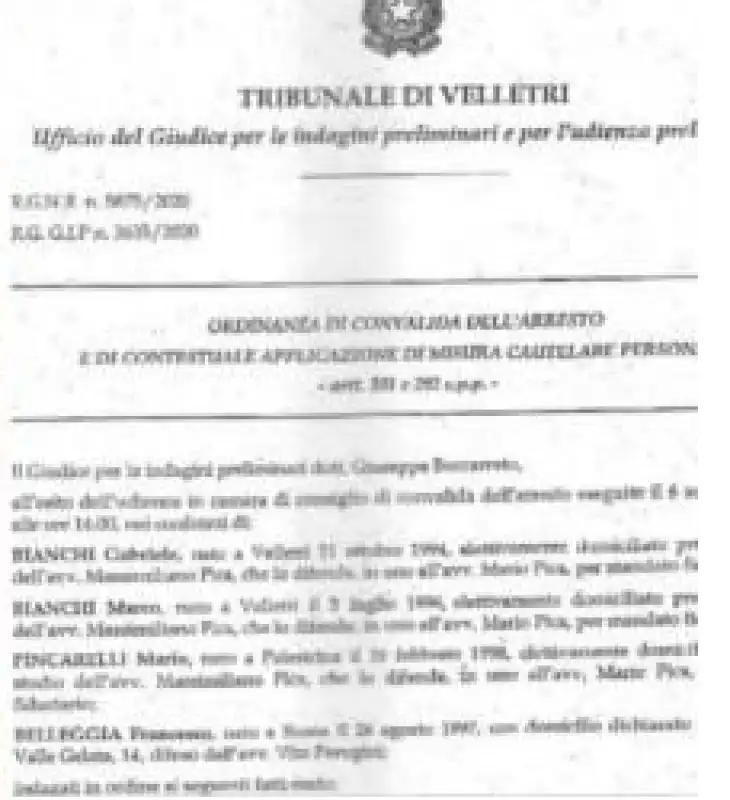 ordinanza di convalida degli arresti di Marco e Gabriele Bianchi