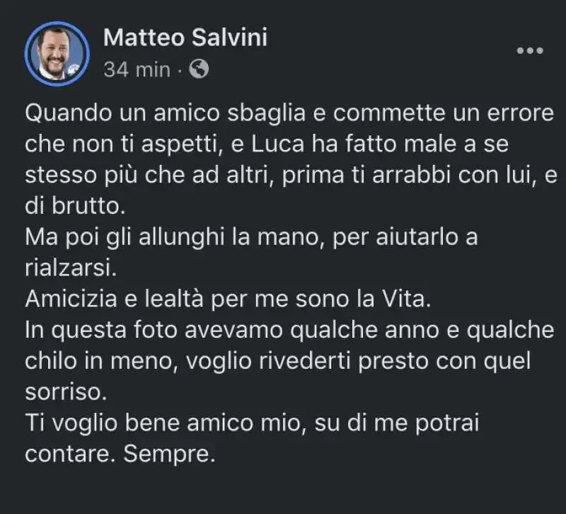 IL POST DI MATTEO SALVINI SU LUCA MORISI