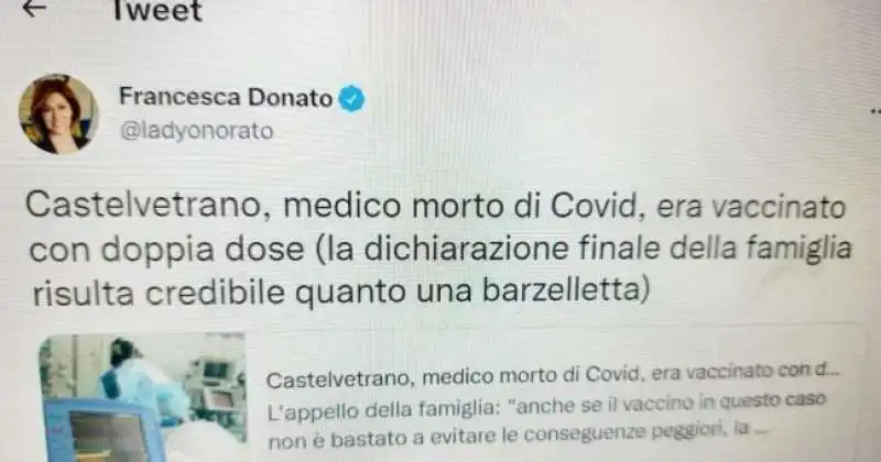 il tweet di francesca donato sul medico morto 