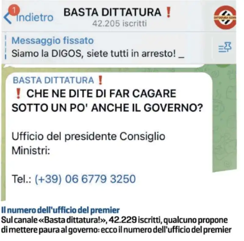 insulti e minacce sul canale telegram basta dittatura  1