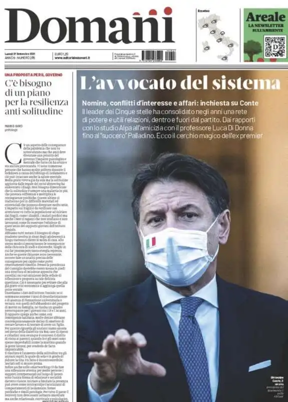 L'AVVOCATO DEL SISTEMA - LA PRIMA PAGINA DI DOMANI DEL 27 SETTEMBRE 2021