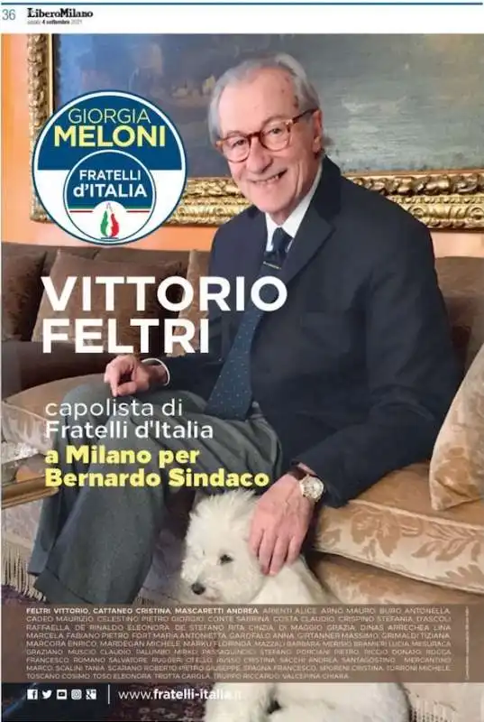 vittorio feltri e la pagina su Libero con dudu il cane di berlusconi