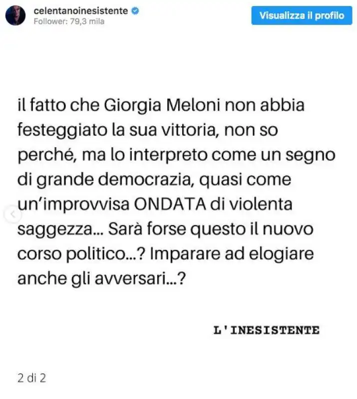 il post di adriano celentano dopo la vittoria della meloni