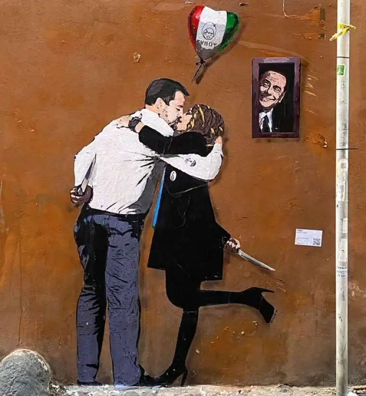 MURALE SALVINI MELONI BERLUSCONI CENTRO DI ROMA 