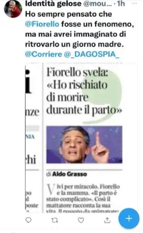 TWEET SU FIORELLO CHE HA RISCHIATO DI MORIRE DI PARTO 