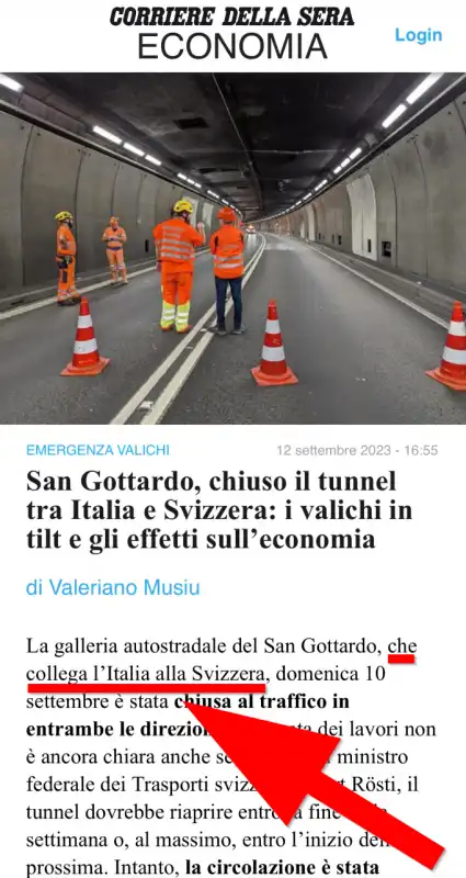 corriere della sera, san gottardo collega l'italia alla svizzera