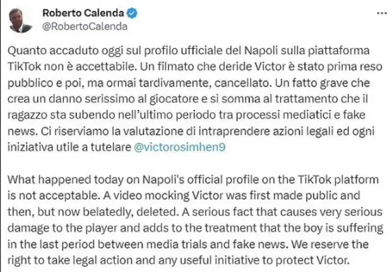 IL POST DELL AGENTE DI VICTOR OSIMHEN SUI VIDEO PUBBLICATI DALL ACCOUNT TIKTOK DEL NAPOLI 