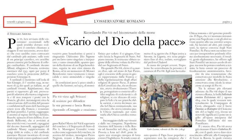 l'osservatore romano, primo articolo su pio vii