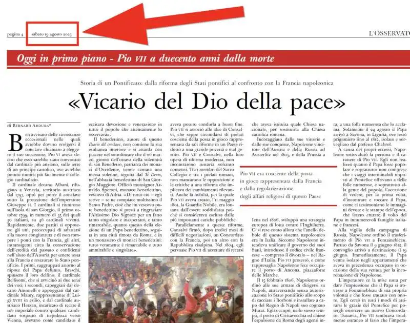 l'osservatore romano, secondo articolo su pio vii 