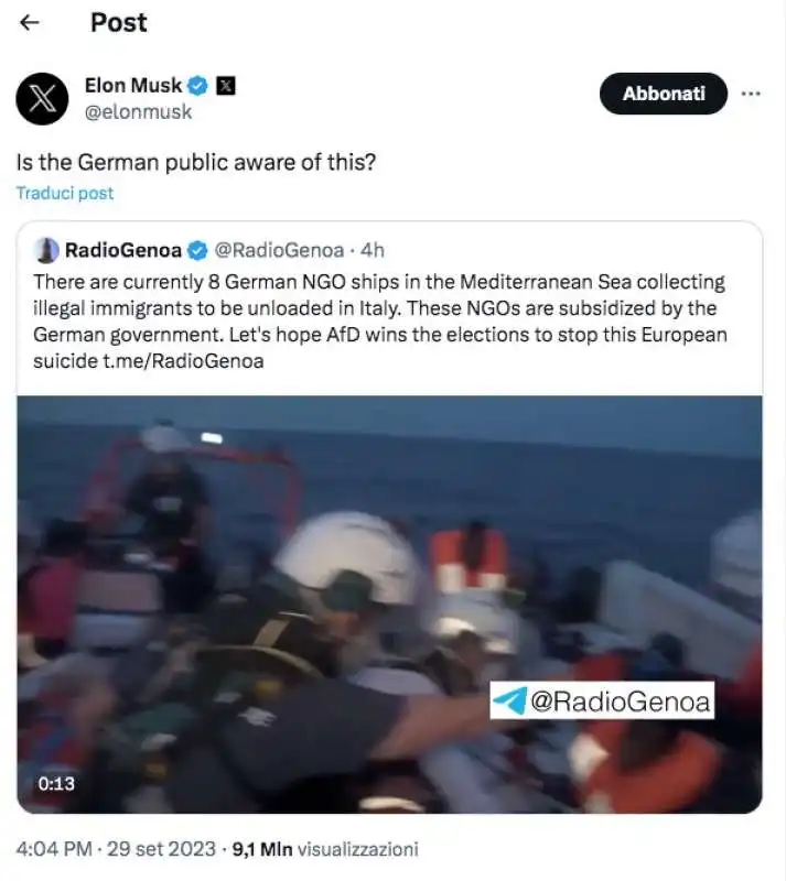 tweet di elon musk contro le ong tedesche 