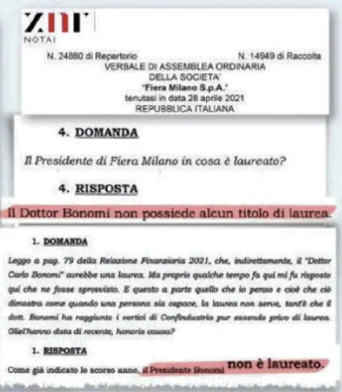 VERBALI DI FIERA MILANO SPA IN CUI SI AFFERMA CHE CARLO BONOMI NON E LAUREATO