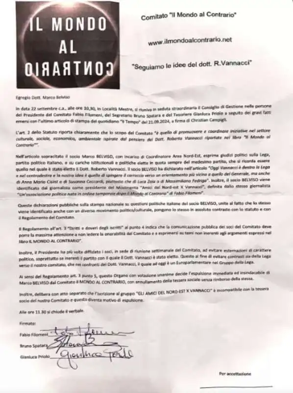 IL DOCUMENTO DI ESPULSIONE RECAPITATO A MARCO BELVISO