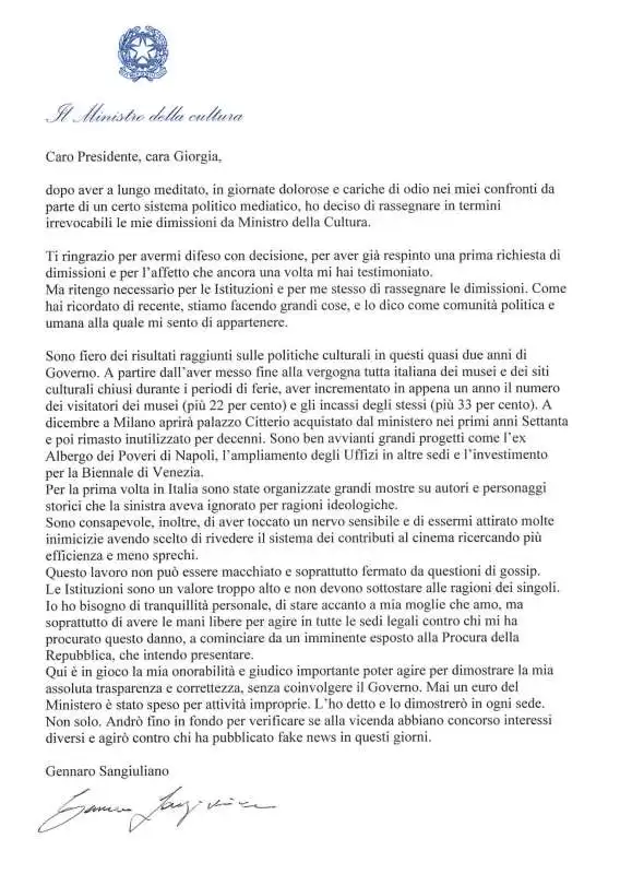 LETTERA DI GENNARO SANGIULIANO A GIORGIA MELONI