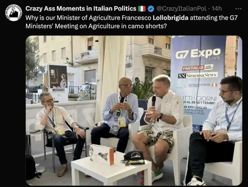 tweet su francesco lollobrigida in bermuda militari all evento sul g7 sull agricoltura  2