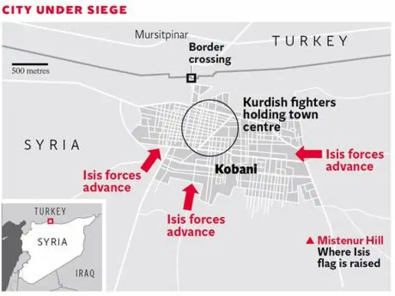 la mappa di kobane kobani con l avanzamento di isis