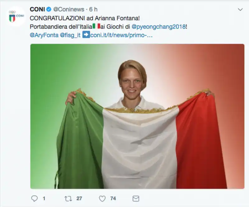 ARIANNA FONTANA PORTABANDIERA ALLE OLIMPIADI INVERNALI 2018