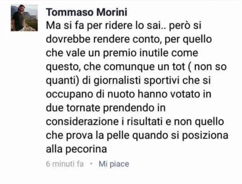 COMMENTO DI TOMMASO MORINI SU FEDERICA PELLEGRINI pubblicato da Selvaggia Lucarelli