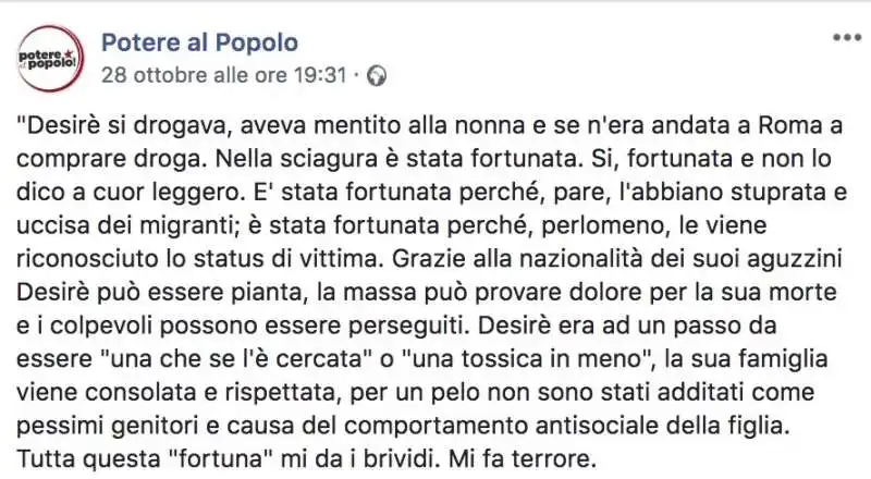 IL POST FACEBOOK DI POTERE AL POPOLO SU DESIREE