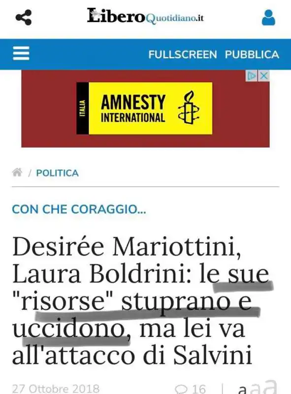 il titolo di libero su laura boldrini