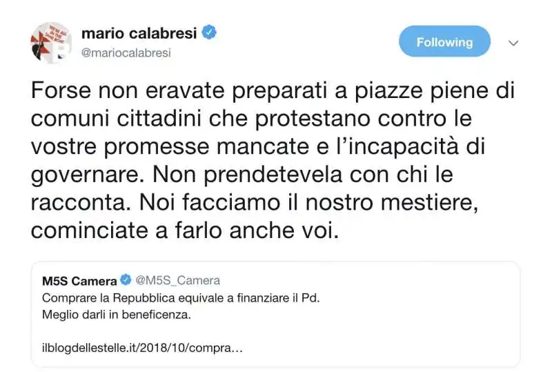 il tweet di calabresi contro il m5s