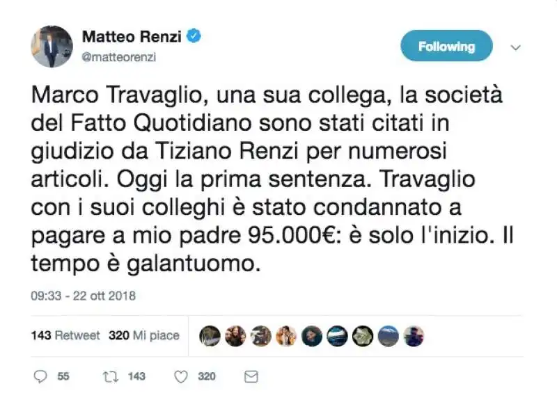 IL TWEET DI RENZI SU TRAVAGLIO