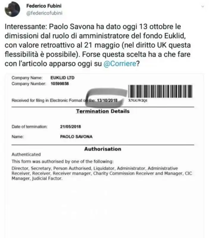 il tweet poi cancellato di fubini su savona