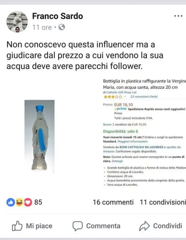 L'ACQUA DELLA MADONNA DI LOURDES IN VENDITA SU AMAZON