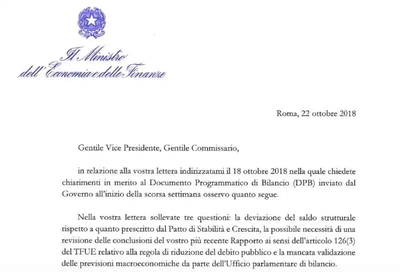 LA LETTERA IN RISPOSTA A MOSCOVICI DI TRIA