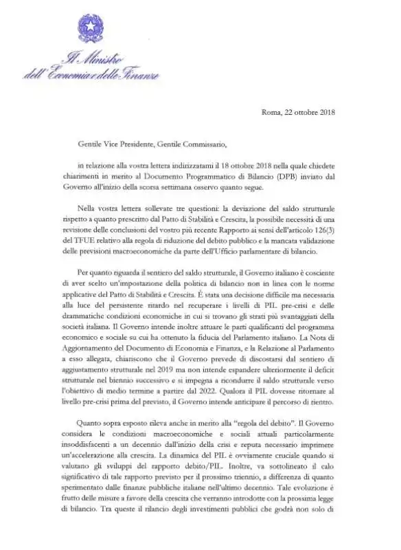 LA LETTERA IN RISPOSTA A MOSCOVICI DI TRIA