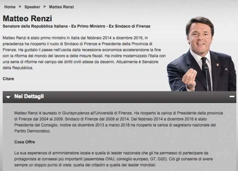 LA SCHEDA DI MATTEO RENZI SUL SITO DI CELEBRITY SPEAKERS ASSOCIATES