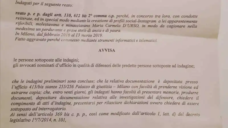 DANDOLO STALKERIZZA LA D'URSO - L'ATTO DI CHIUSURA INDAGINE