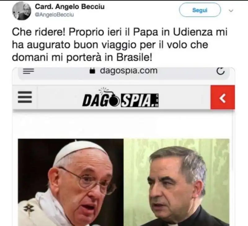 IL CARDINAL BECCIU REPLICA A DAGOSPIA