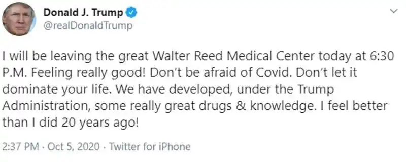 donald trump twitta prima di uscire dall ospedale walter reed