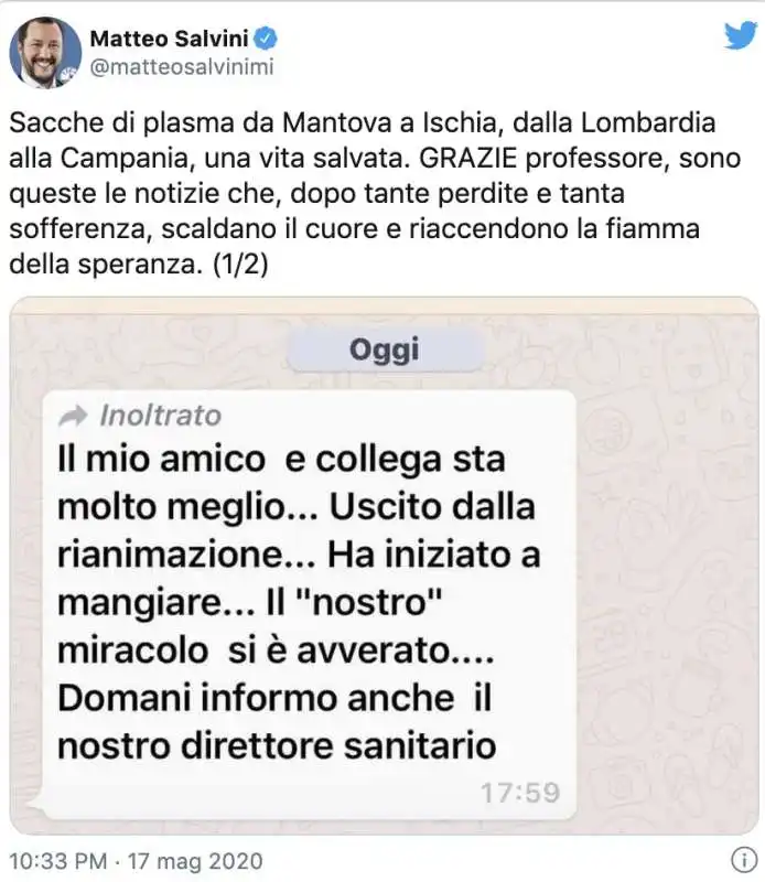 IL TWEET DI SALVINI SUL MEDICO CURATO CON IL PLASMA