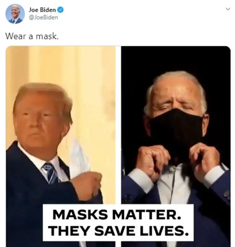 joe biden contro trump che si toglie la mascherina 