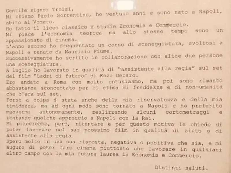 LETTERA DI PAOLO SORRENTINO A MASSIMO TROISI