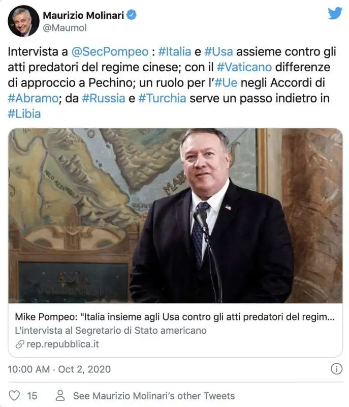 MAURIZIO MOLINARI TWITTA L INTERVISTA A MIKE POMPEO