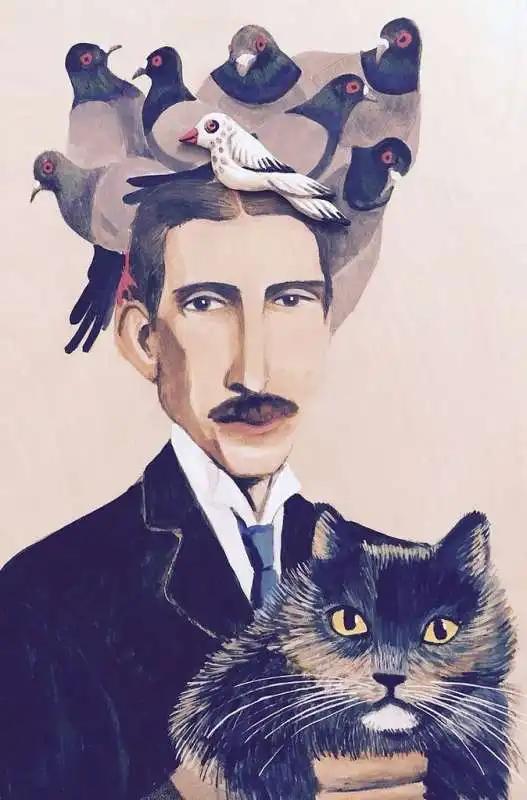 nikola tesla con gatto e piccioni 