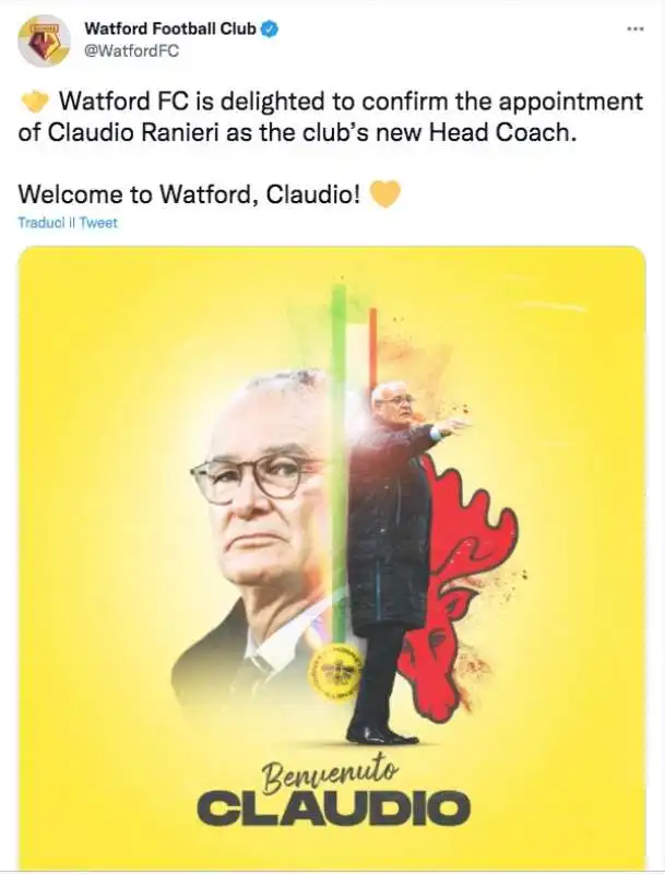 ANNUNCIO DEL WATFORD DI CLAUDIO RANIERI