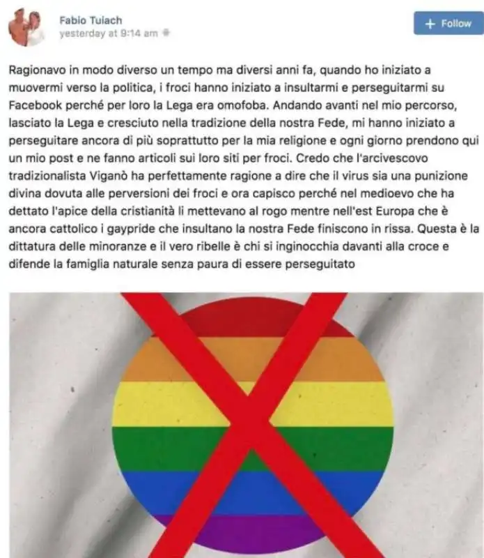 il post di fabio tuiach su gay e covid