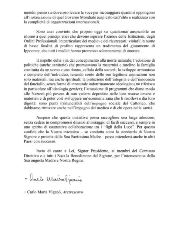 LETTERA DEL CARDINALE VIGANO ALL ASSOCIAZIONE VICIT LEO