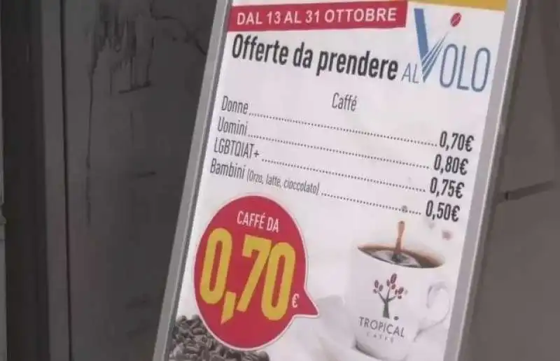 caffe con prezzi diversi per uomini, donne e lgbtq