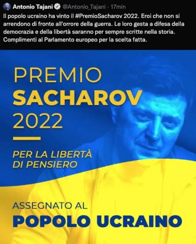 IL TWEET DI TAJANI SUL PREMIO SACHAROV AL POPOLO UCRAINO E A ZELENSKY 