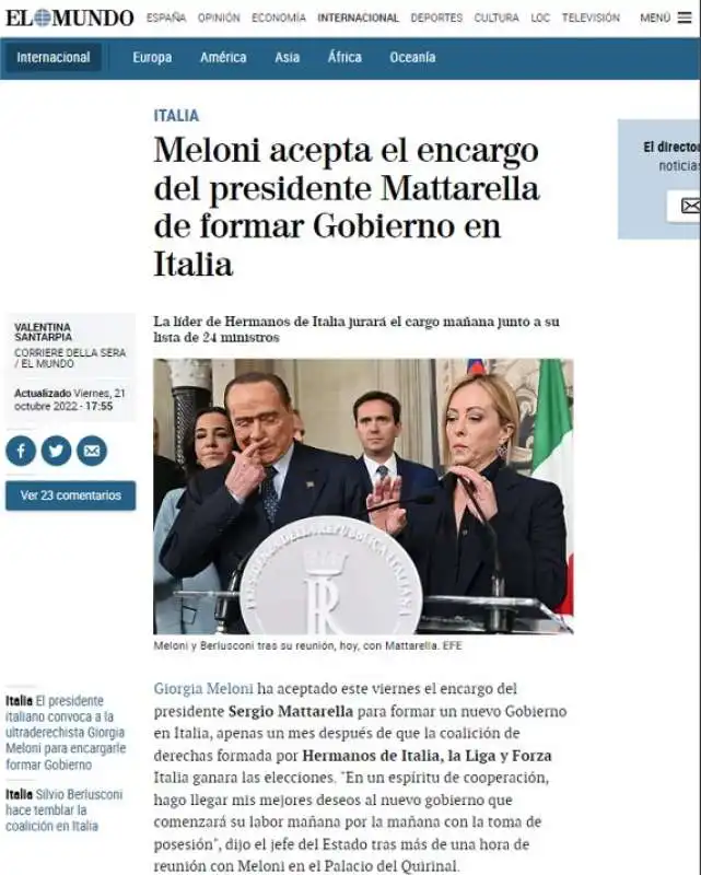 la notizia del governo meloni sui giornali stranieri   el mundo 