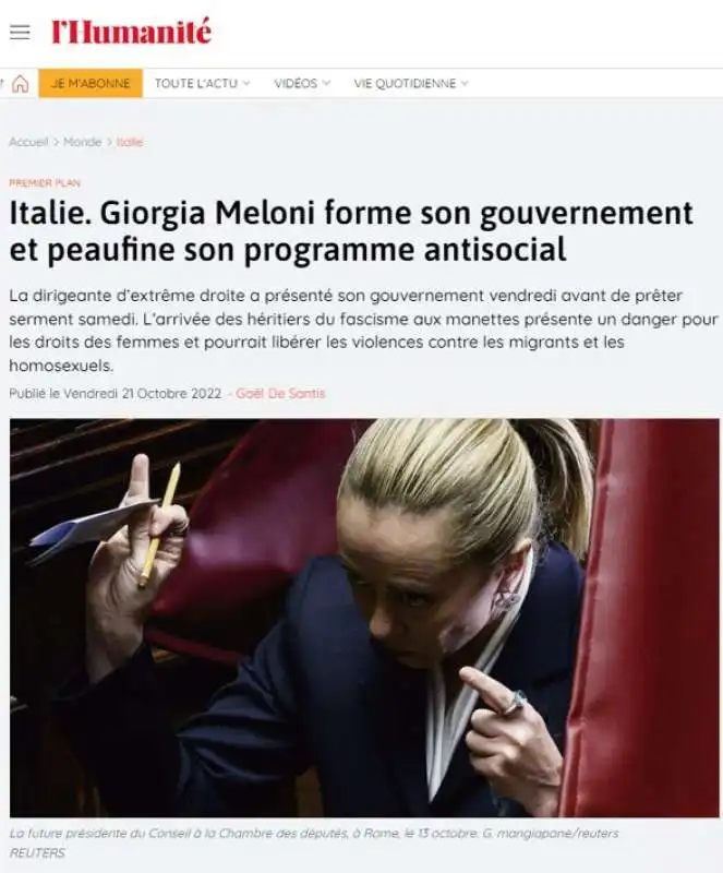 la notizia del governo meloni sui giornali stranieri   l humanite