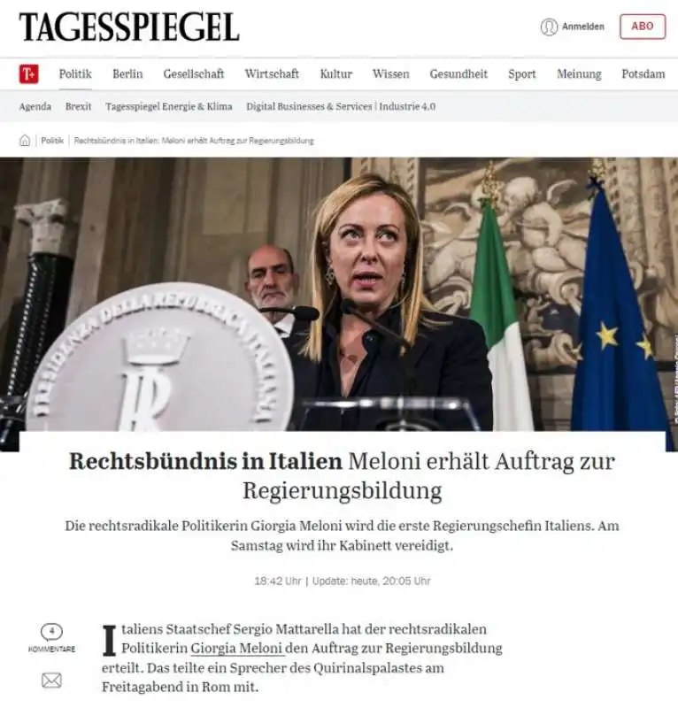 la notizia del governo meloni sui giornali stranieri   tagesspiegel 