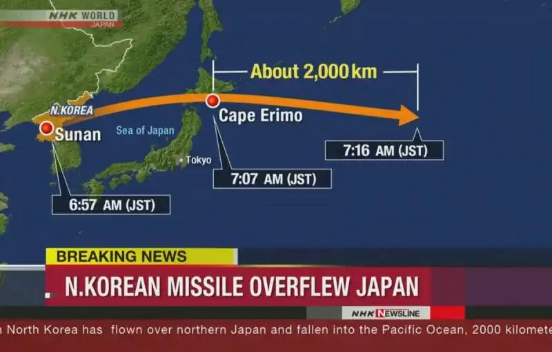 LA COREA DEL NORD LANCIA UN MISSILE SOPRA IL GIAPPONE - LA TRAIETTORIA DEL MISSILE