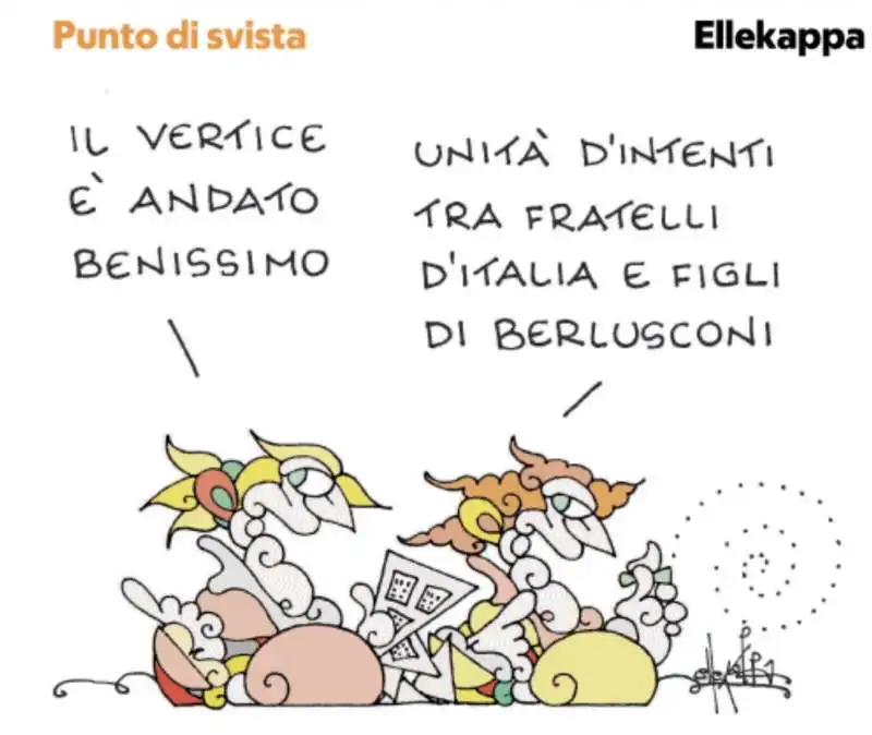 VERTICE BERLUSCONI MELONI A VIA DELLA SCROFA - VIGNETTA BY ELLEKAPPA 